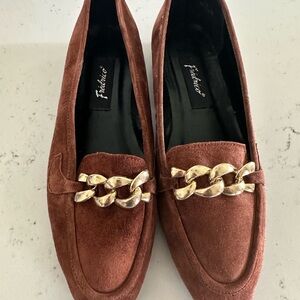Women's Brown Leather Suede Loafers with Gold Chain size 11